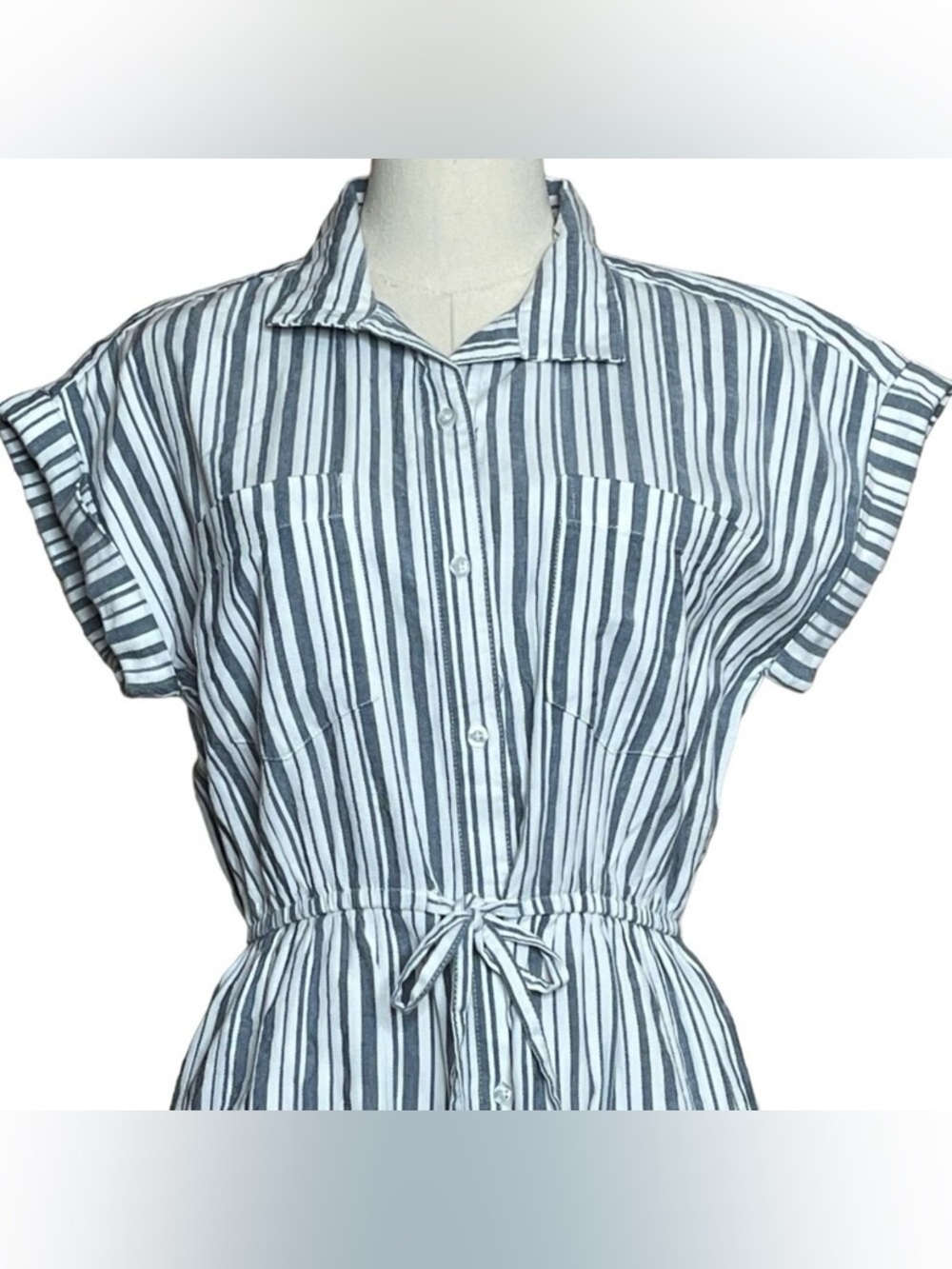 Japna Striped 100% Cotton NEW Button Up Mini Shirt Dress Pockets Collared Size S - Picture 3 of 9